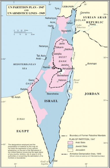 The Majority U.N. Partition Plan for Israel-Palestine Compared to 1949 U.N. Armistice Lines Which mapped boundaries at Israel independence Day.