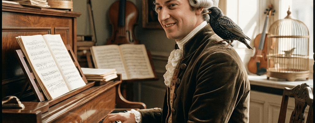 Mozart playing the piano with a starling perched on his shoulder in a study.