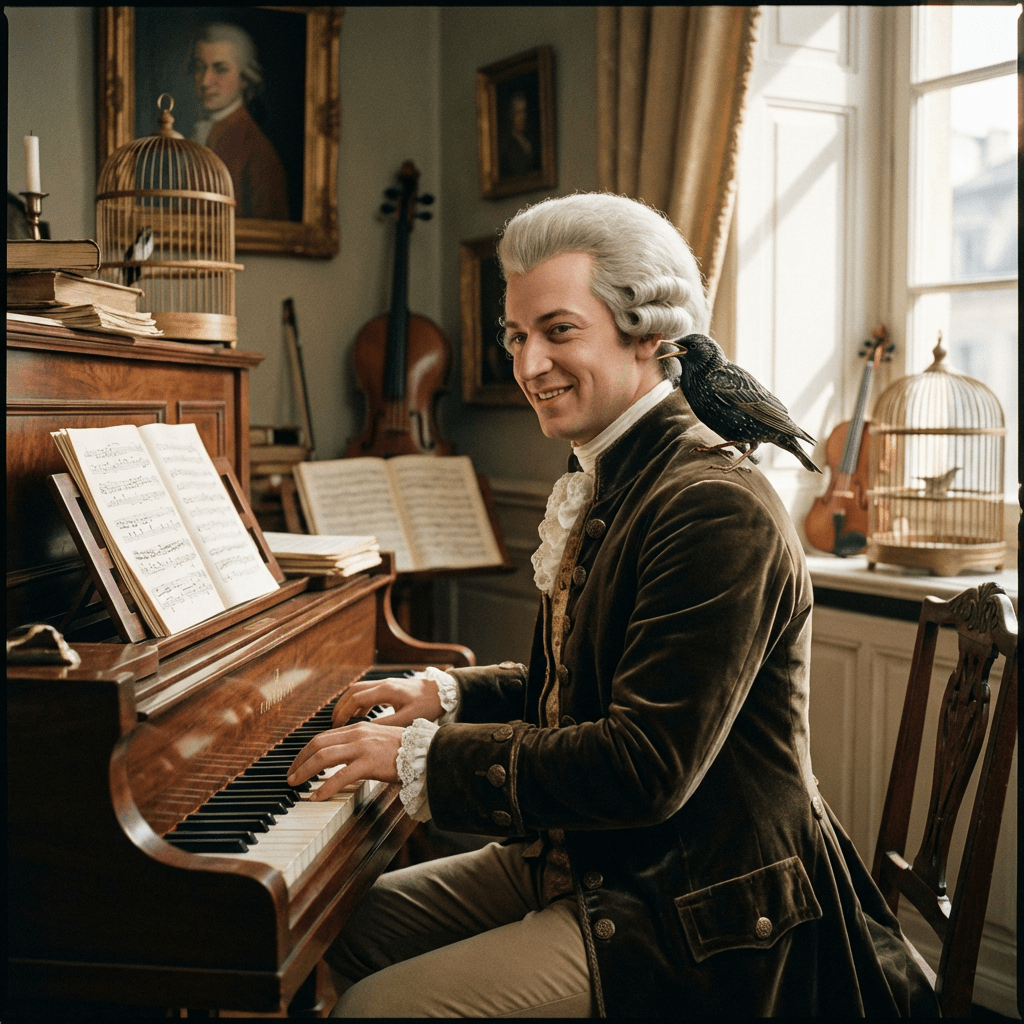 Mozart playing the piano with a starling perched on his shoulder in a study.