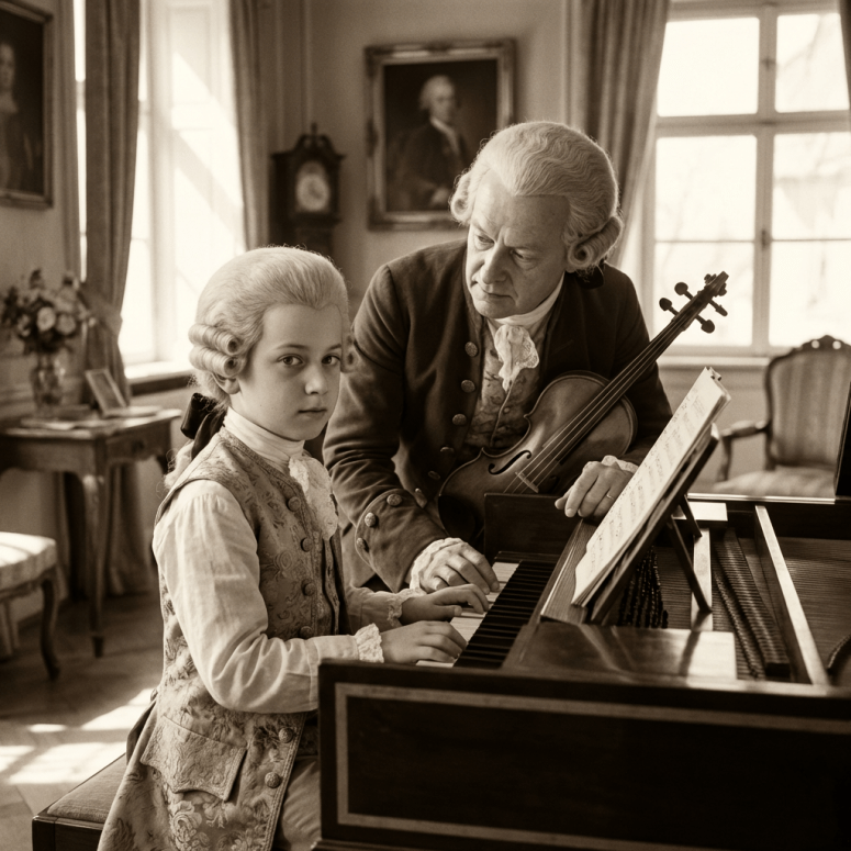 A young boy plays the piano as an older man with a violin observes.