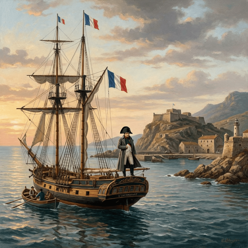 Napoleon Bonaparte standing on a French ship near a coastal fortress at sunset.