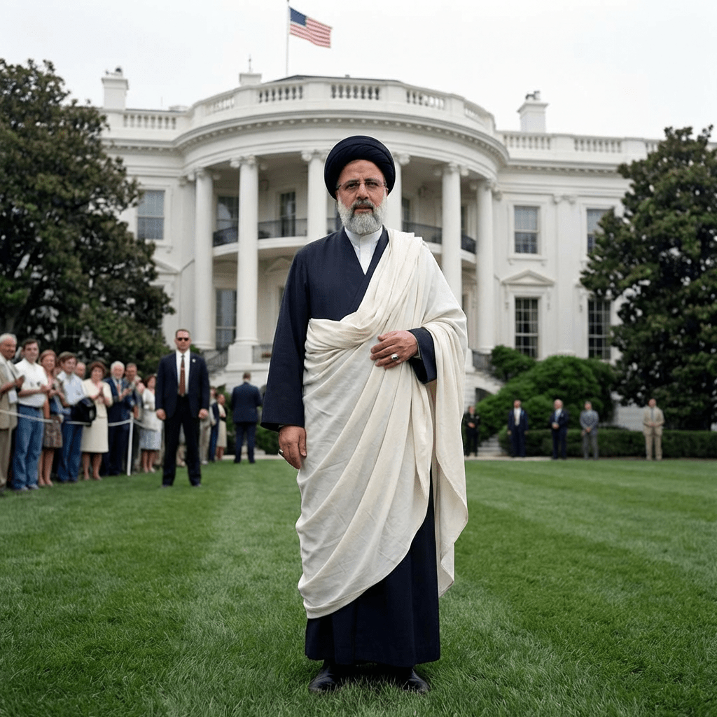 Ebrahim Raisi in clerical robes standing on the lawn of the White House.