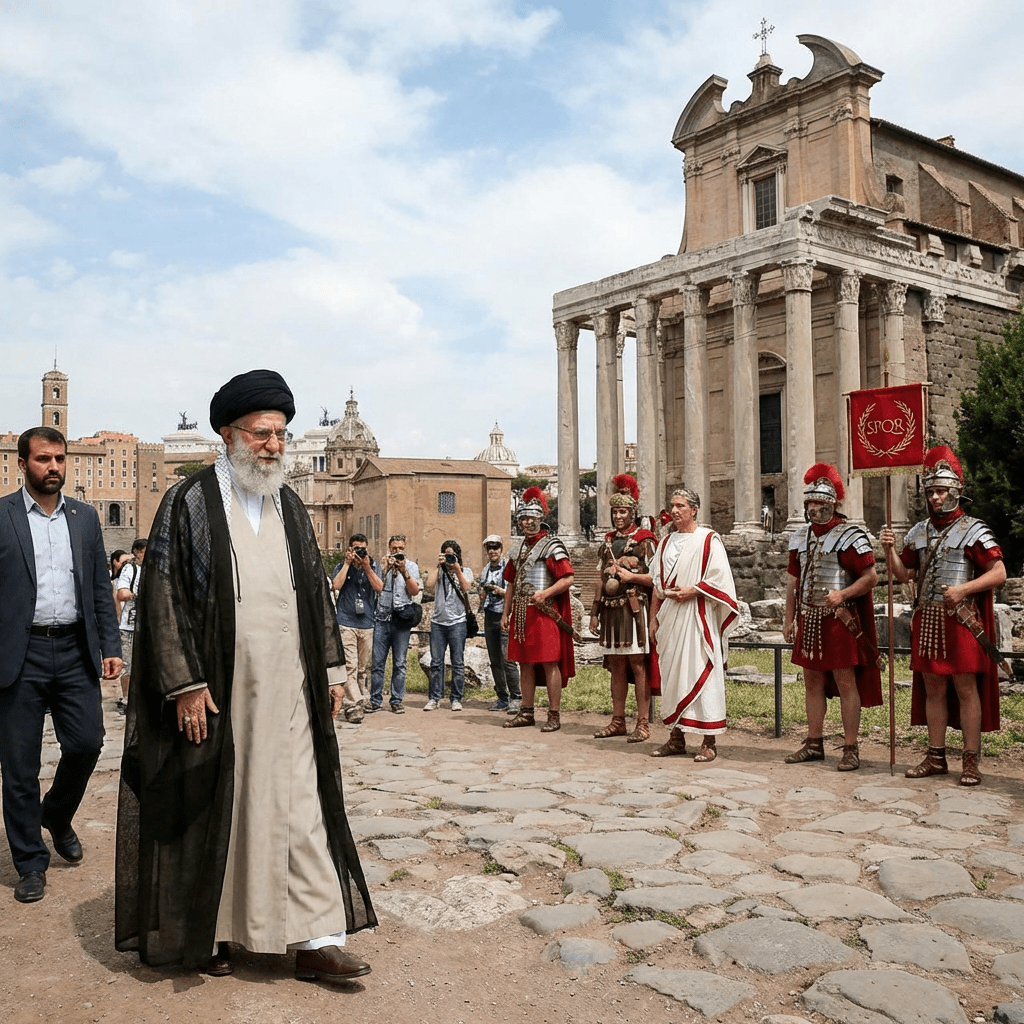 Ali Khamenei walking past Roman soldier reenactors at the ancient Roman Forum.