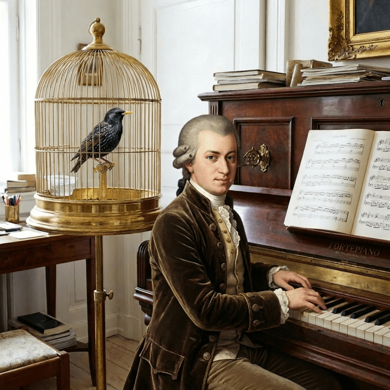 Dark wood vintage piano labeled FORTEPIANO next to a large brass birdcage on a stand.