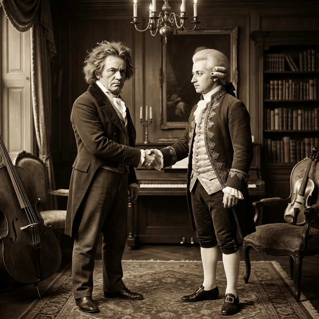 Two men resembling Beethoven and Mozart shaking hands in a historical music room setting.