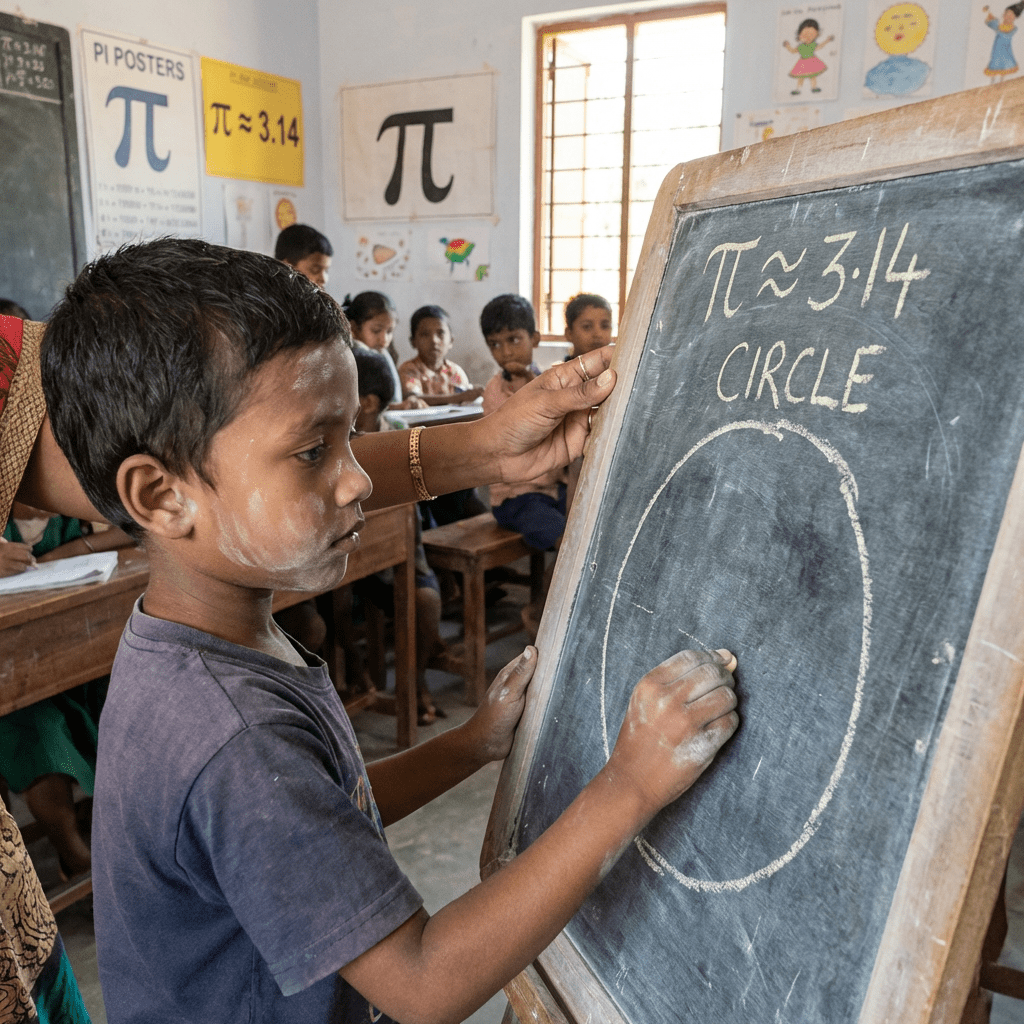 A boy draws on a chalkboard with text 'pi is approximately 3.14' and 'CIRCLE'.
