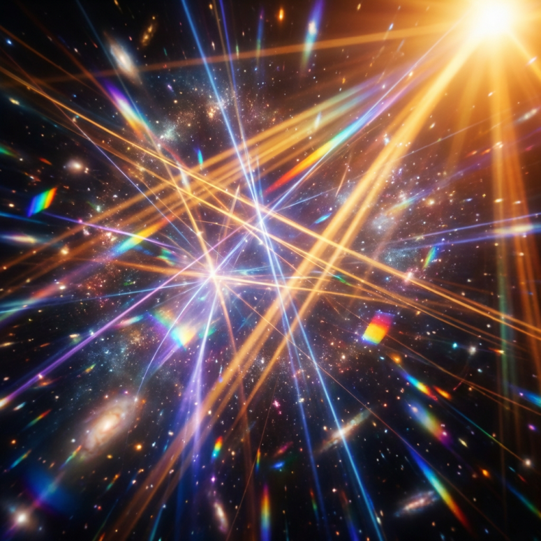 Abstract deep space image with bright, colorful light rays and distant galaxies.