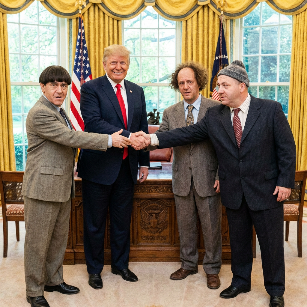 Donald Trump shaking hands with Moe and Curly from The Three Stooges in the Oval Office.