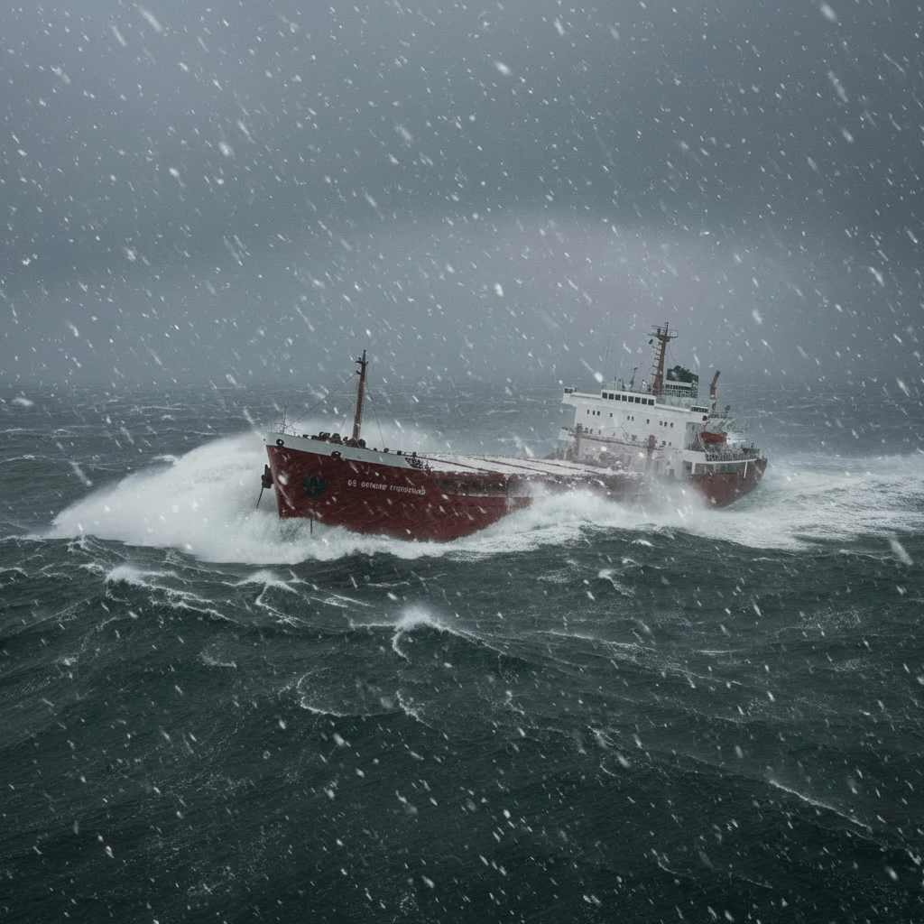 Cargo ship SS Edmund Fitzgerald battling large waves and lightning during a severe ocean storm.