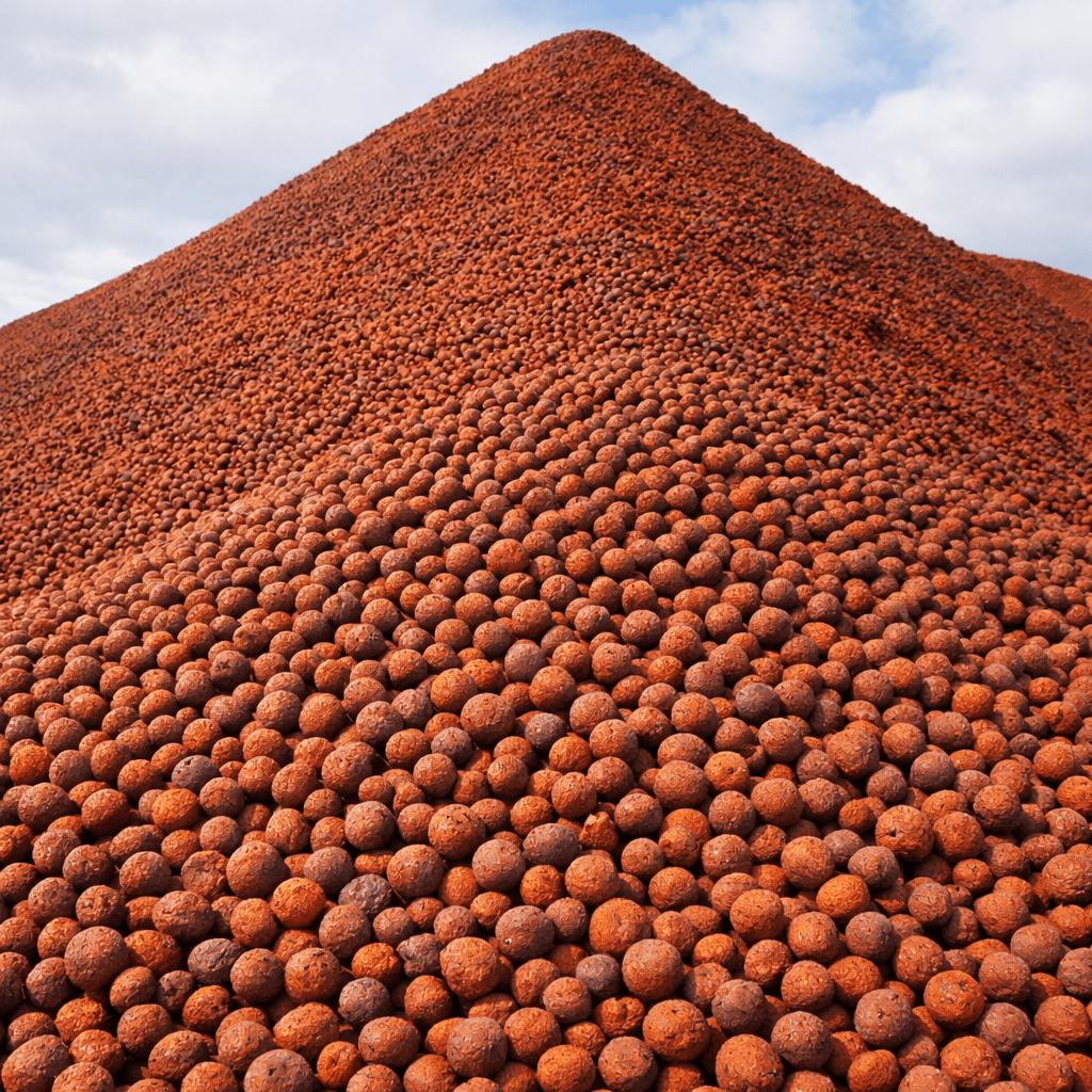 Huge pile of red clay balls forming a pyramid shape under a partly cloudy sky