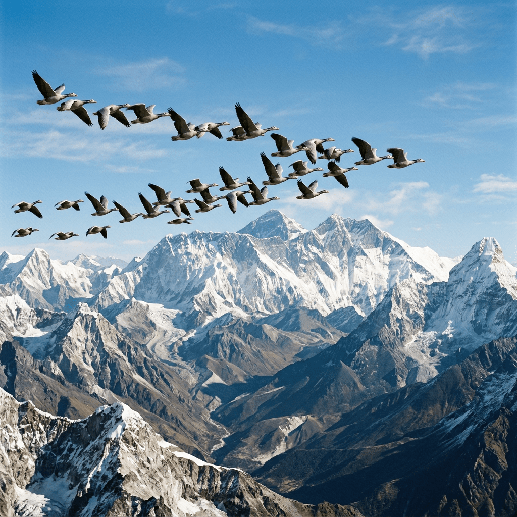 Flock of birds flying in formation over snow-covered Himalayan mountain range under blue sky