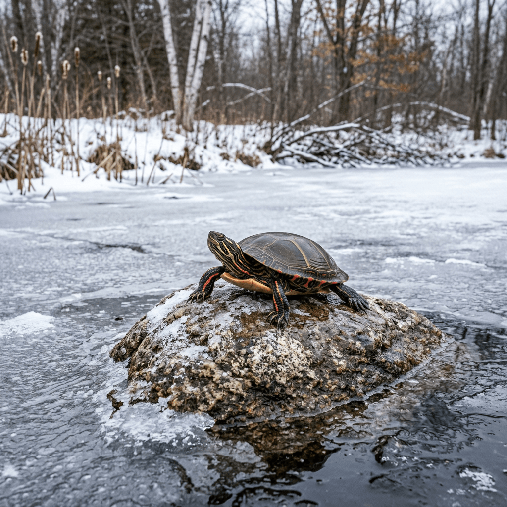 Painted turtle on a partially frozen rock in a snowy forest pond