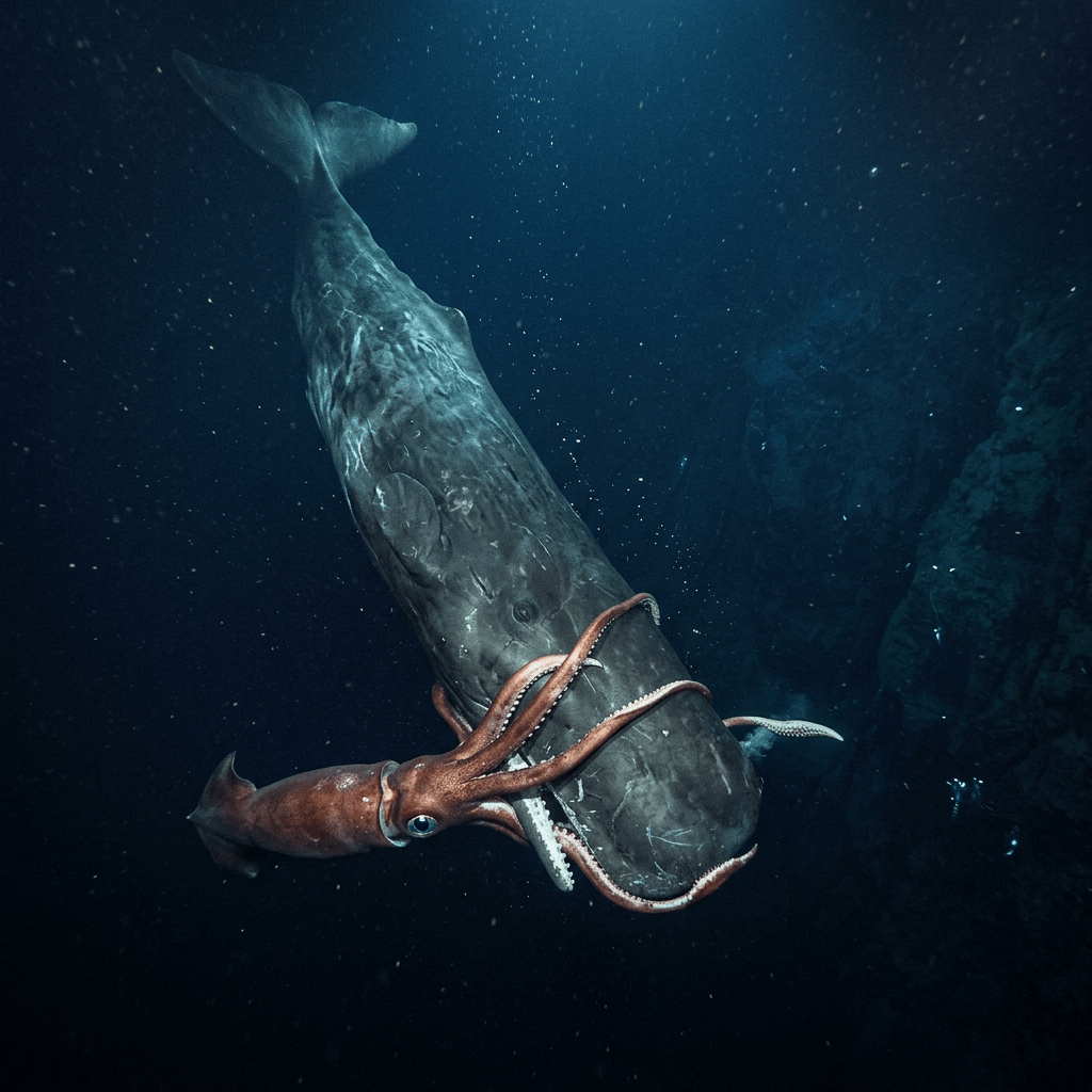 Giant squid attacking a sperm whale underwater in deep ocean