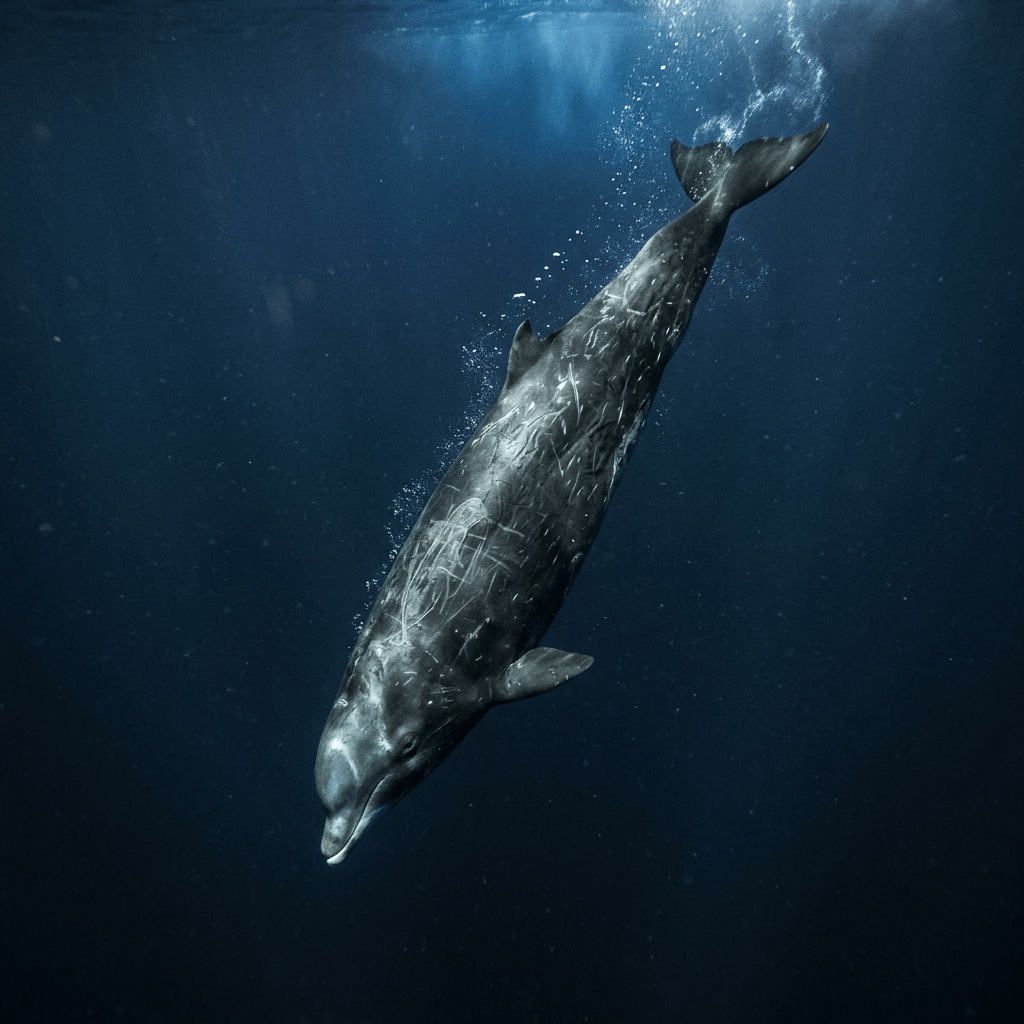 Dolphin swimming underwater with bubbles rising