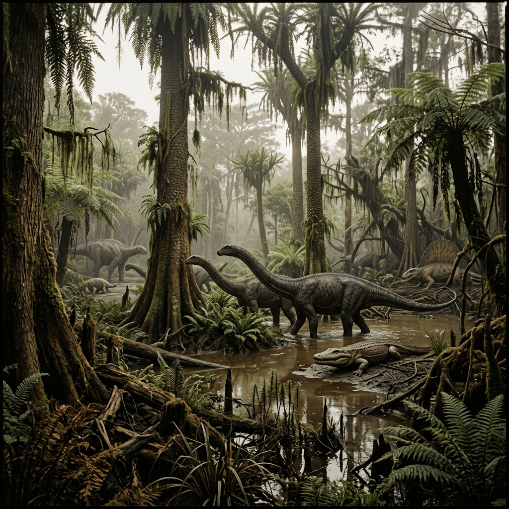 Lush prehistoric swamp with long-necked dinosaurs, a crocodile-like reptile, and dense vegetation