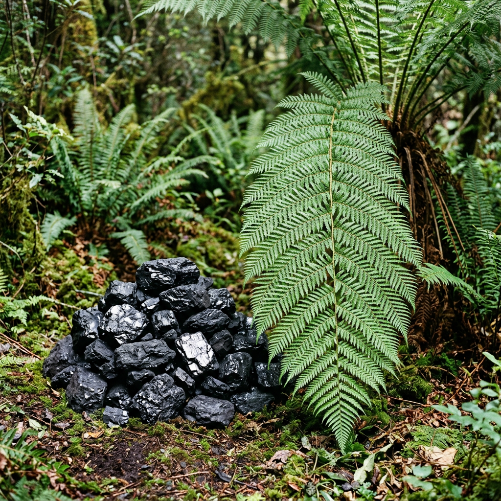 Pile of coal on forest floor next to a large green fern leaf