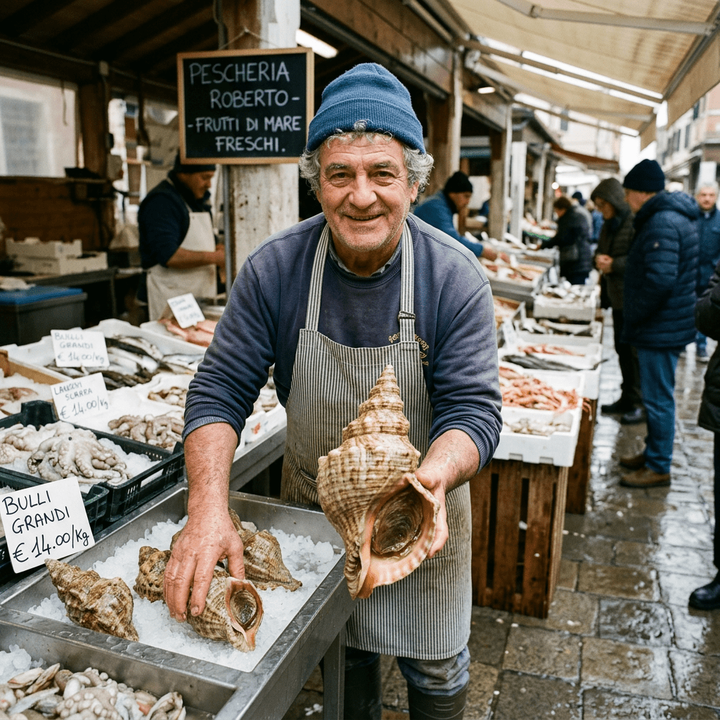 Seafood vendor holding large sea snail shells at market stall