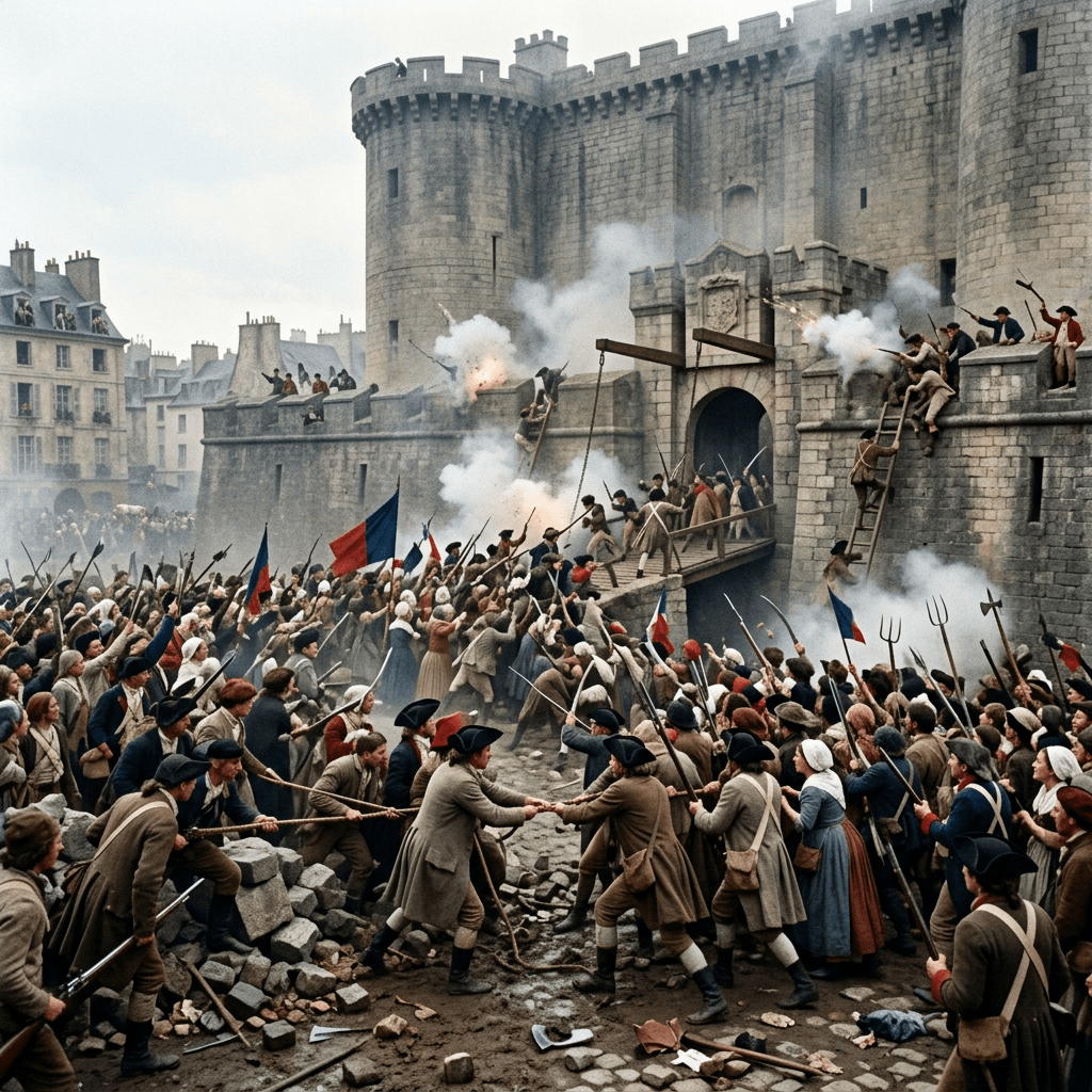 Crowd of armed revolutionaries attacking a medieval stone fortress with smoke and gunfire