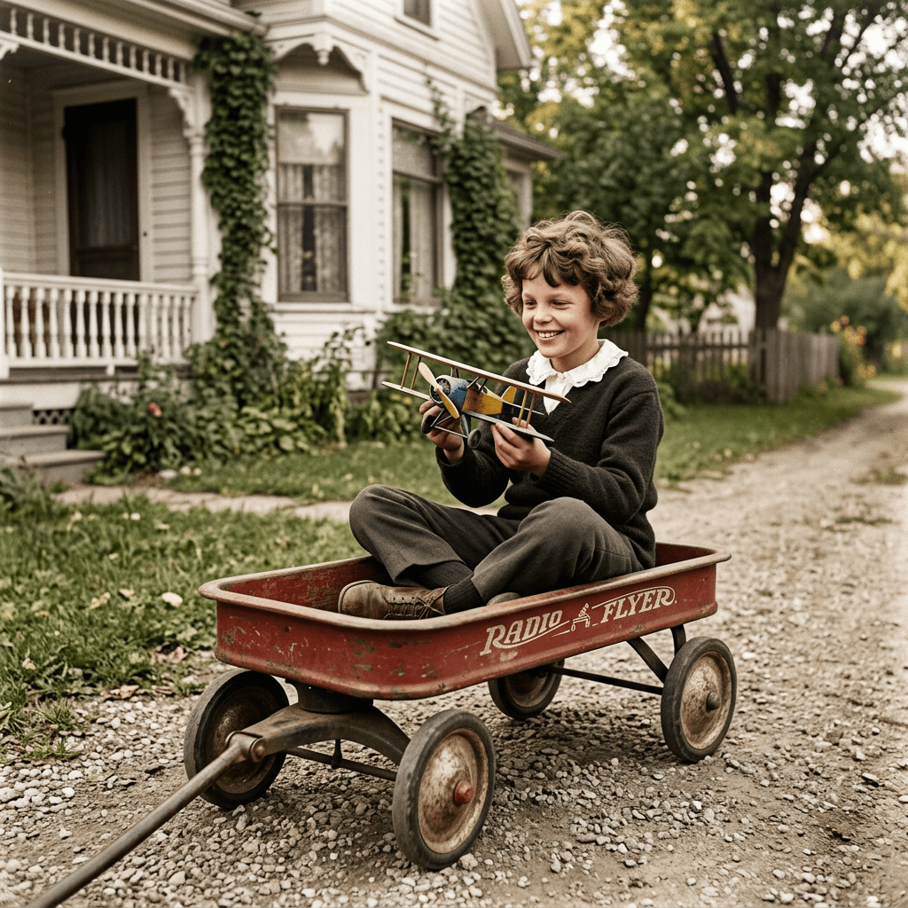 Child sitting in a red Radio Flyer wagon holding a toy biplane outdoors