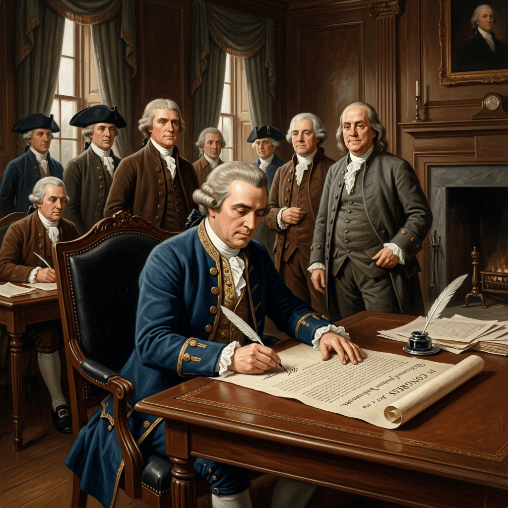 Statesman signing a declaration surrounded by colonial-era officials