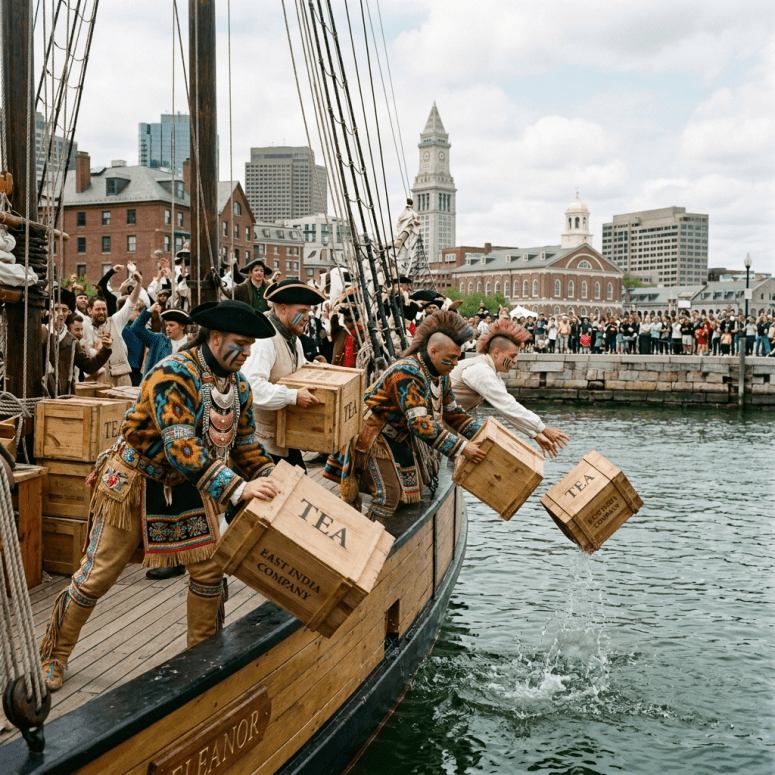 Reenactors throw wooden tea crates from the ship Eleanor before a waterfront crowd