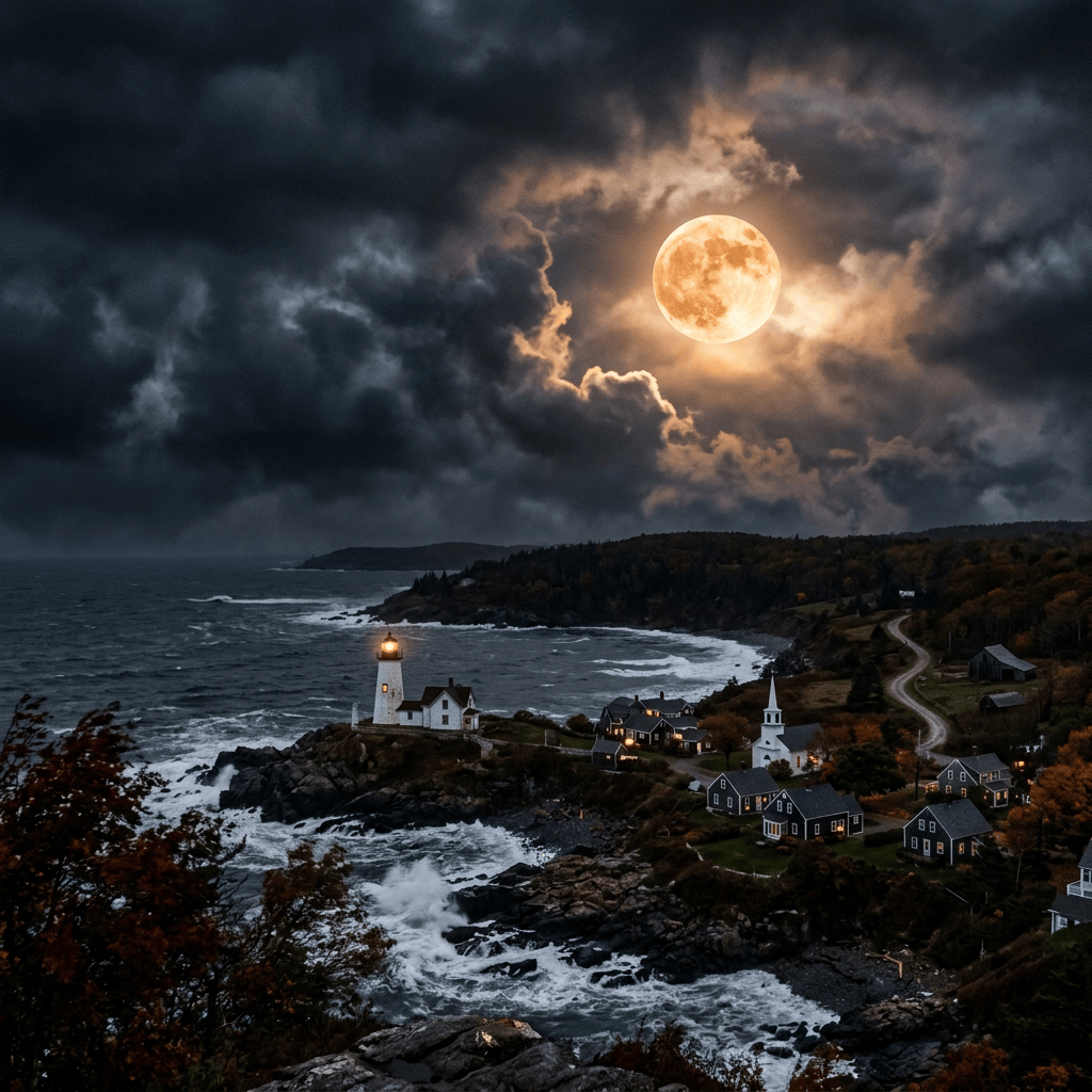 Full moon over a rocky coastal village with lighthouse and church