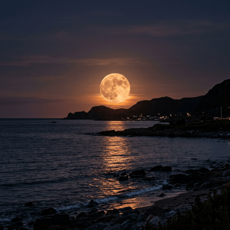 Full moon glowing above a rocky coastline and reflecting across the sea