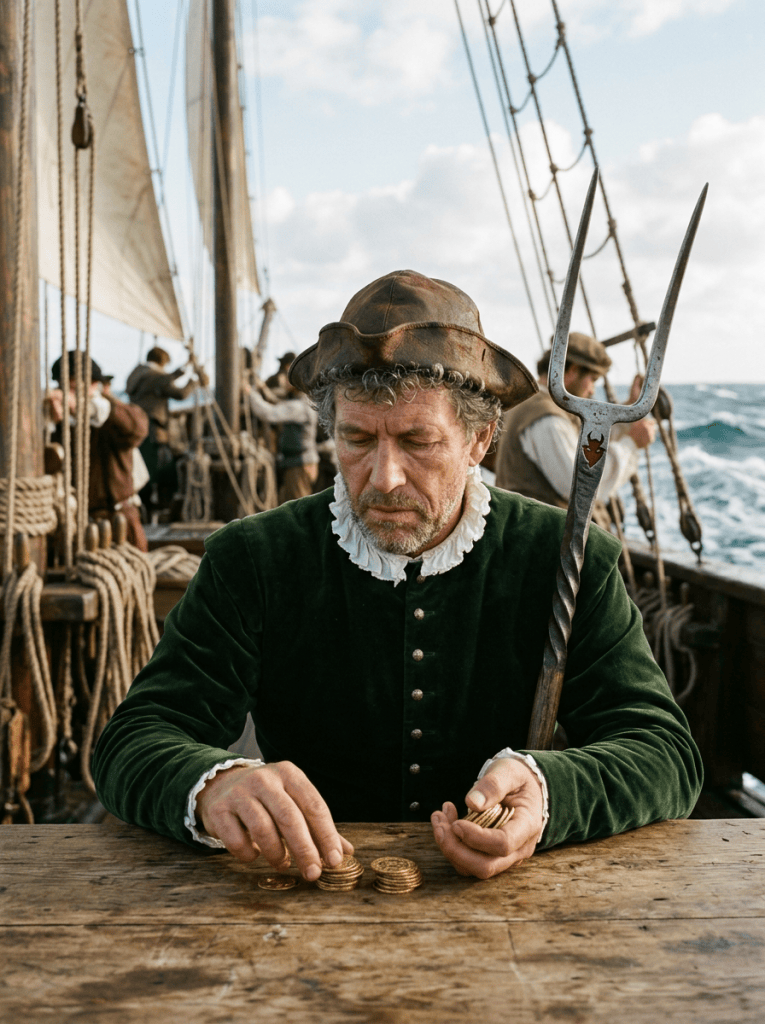 Sailor in period clothing counting gold coins aboard a sailing ship