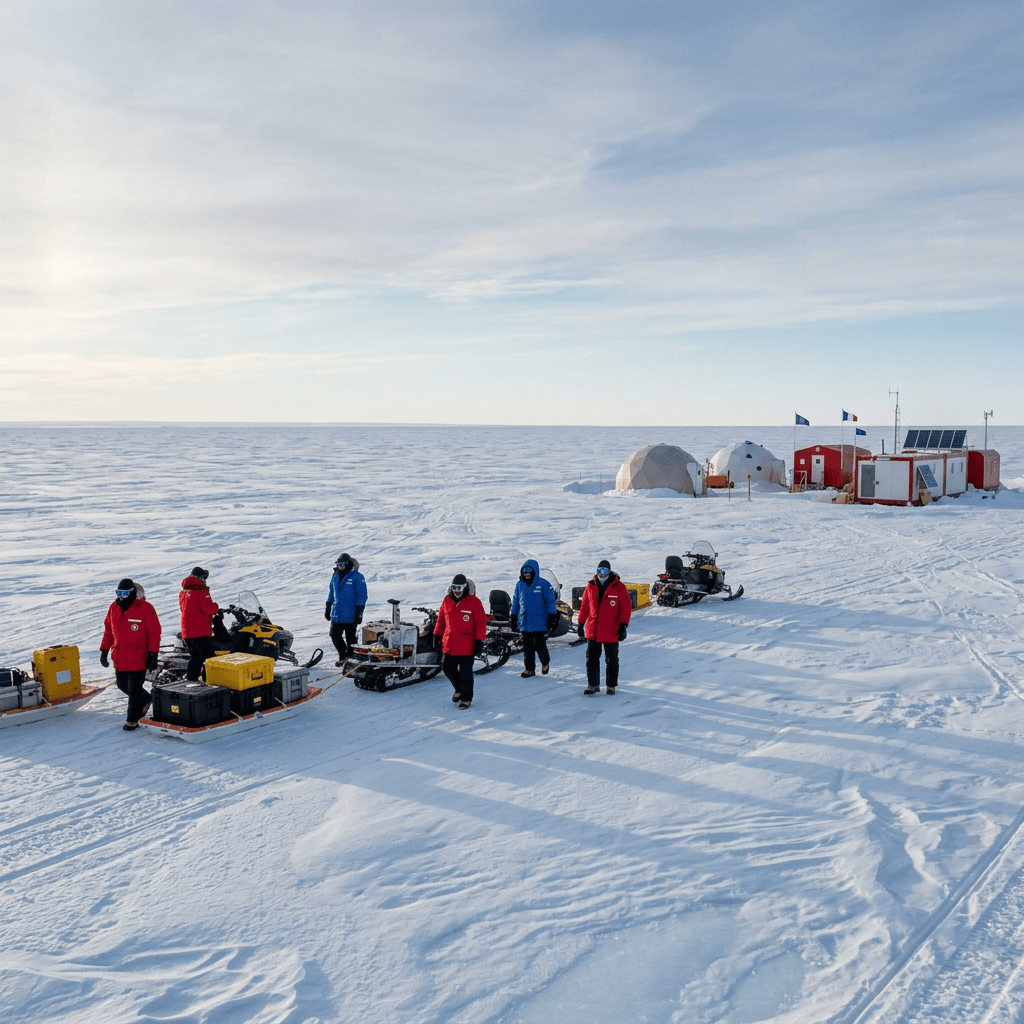 Researchers with snowmobiles and equipment at a snowy polar field station