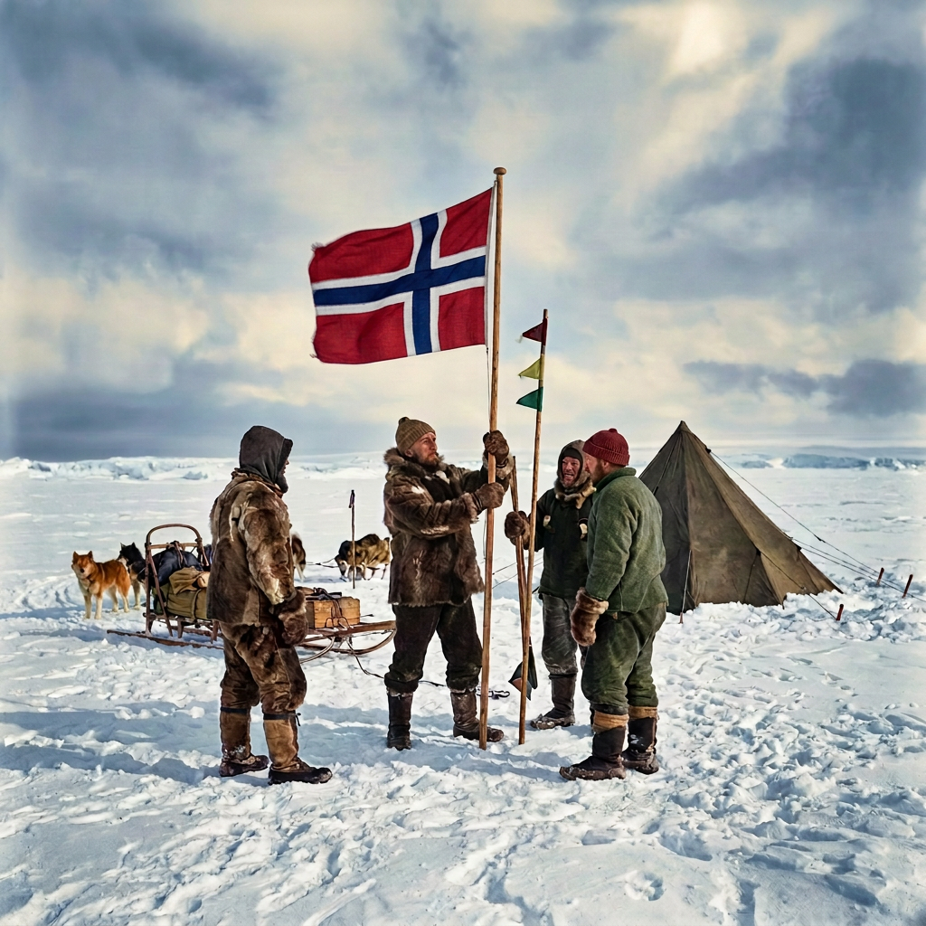 Four explorers raising a Norwegian flag beside a tent on sea ice