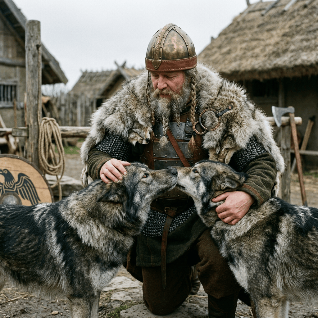 Bearded Viking warrior in armor kneeling between two wolves